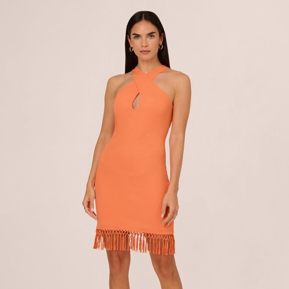 Adrianna Papell Rib Knit Halter Dress With Fringe Skirt In Tangerine Size 14Tang - Picture 1 of 3
